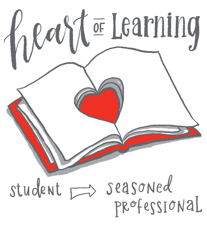 Book and a heart illustrate continuing education throughout a career