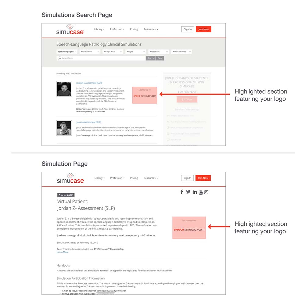 Simucase simulations search page sponsorship logo and banner opportunity