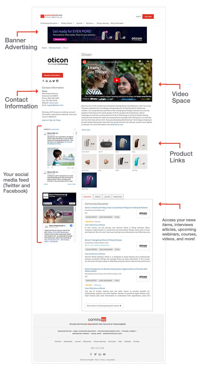 AudiologyOnline onsite partner opportunity ad placement, contact information, and other resource links
